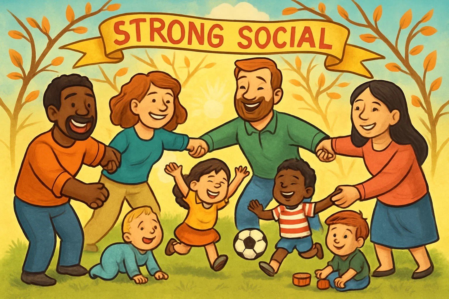 A cartoon of diverse parents holding hands in a circle around their playing children, symbolizing a strong and united support network.
