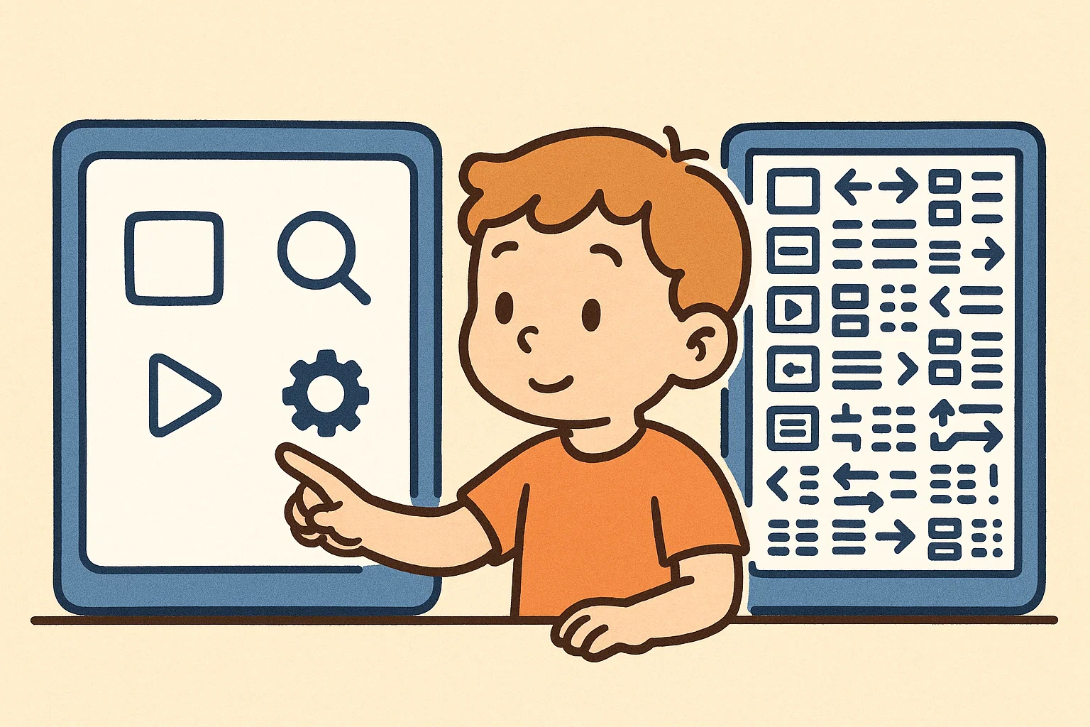 A cartoon comparing a simple, clean user interface with a cluttered, complex one for a child.