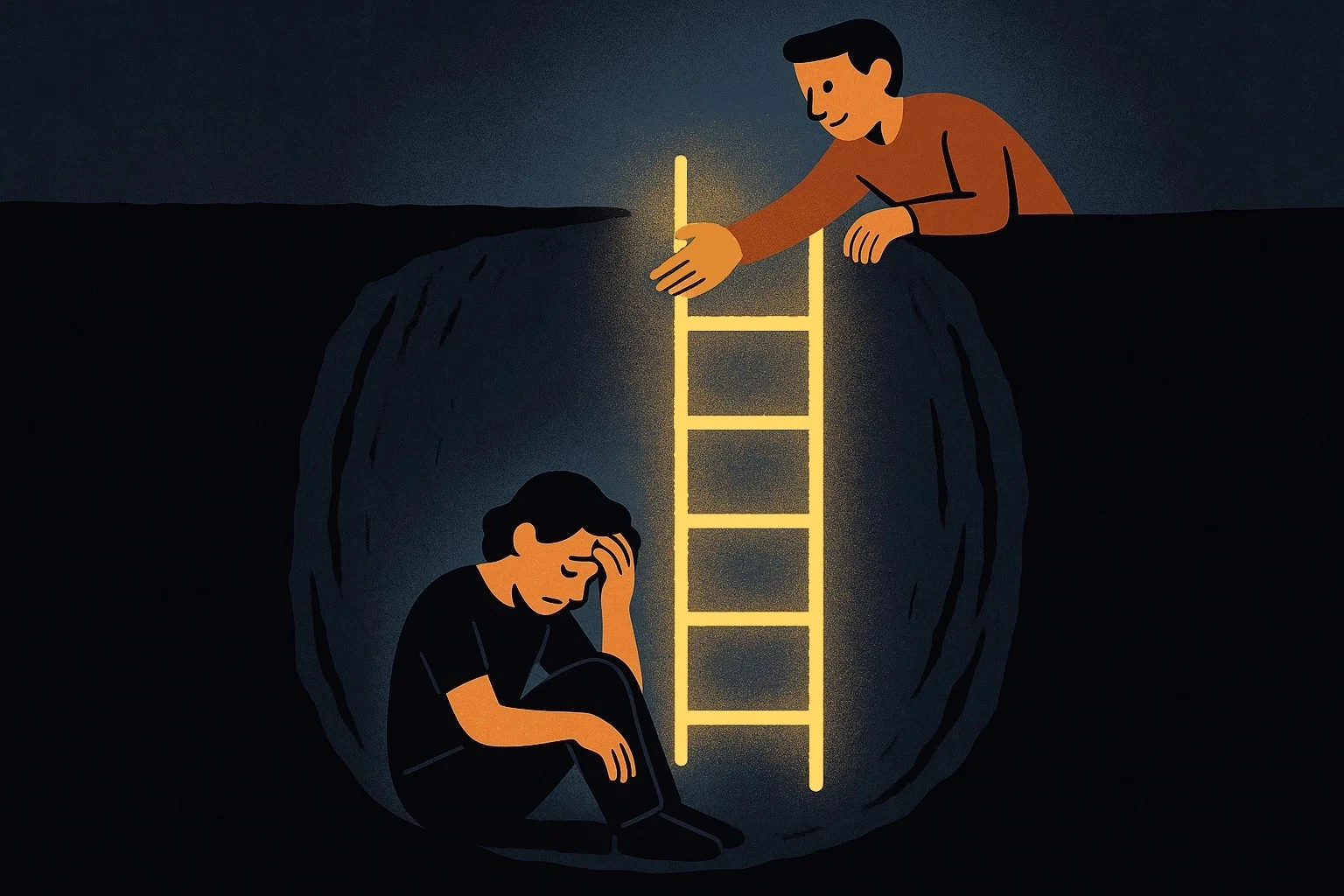 A symbolic cartoon showing a parent in a deep pit, with a glowing ladder and a supportive figure offering help.
