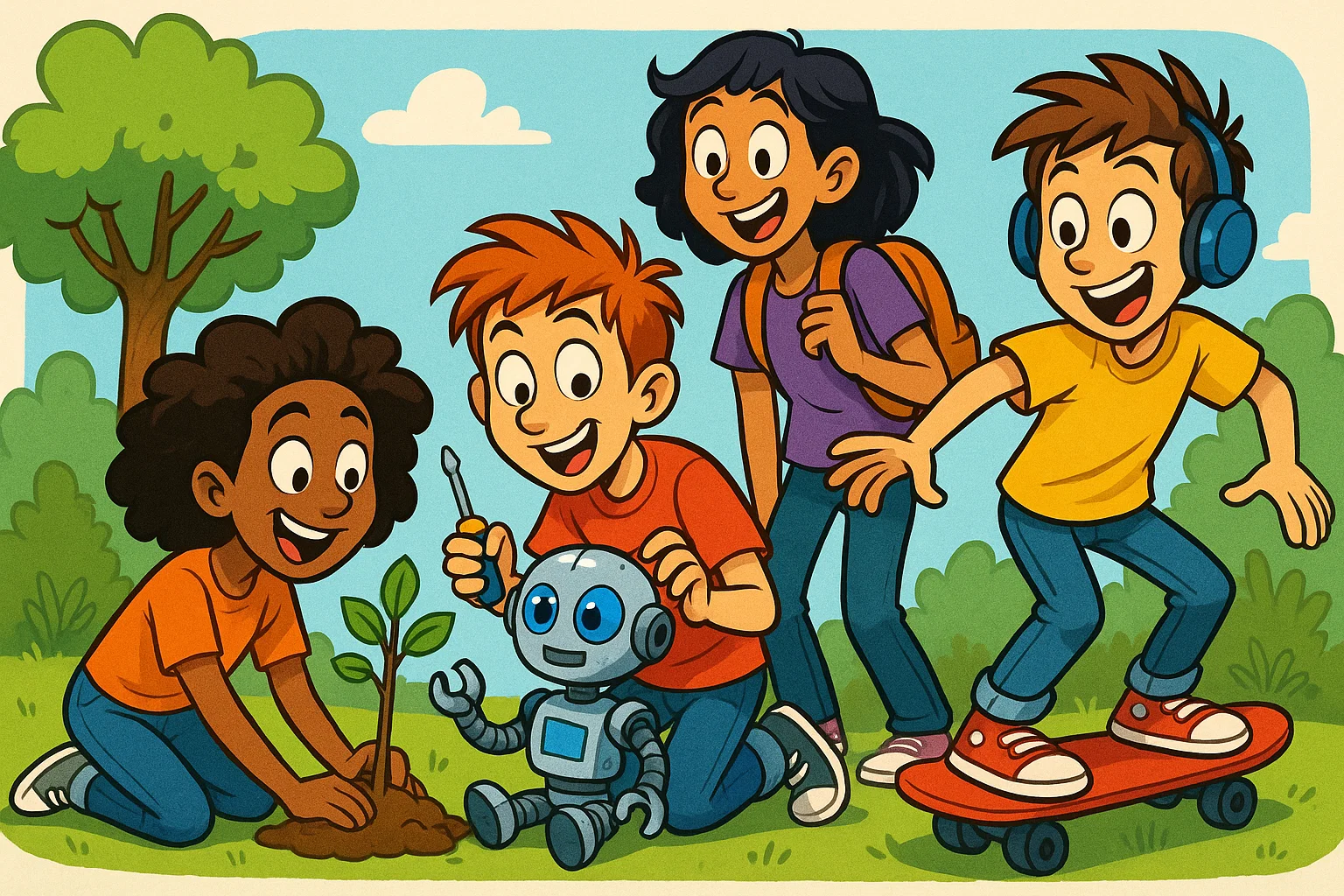 Cartoon of teens exploring science, building robots, and helping the environment to show the importance of STEM. Cartoon of teens exploring science, building robots, and helping the environment to show the importance of STEM.