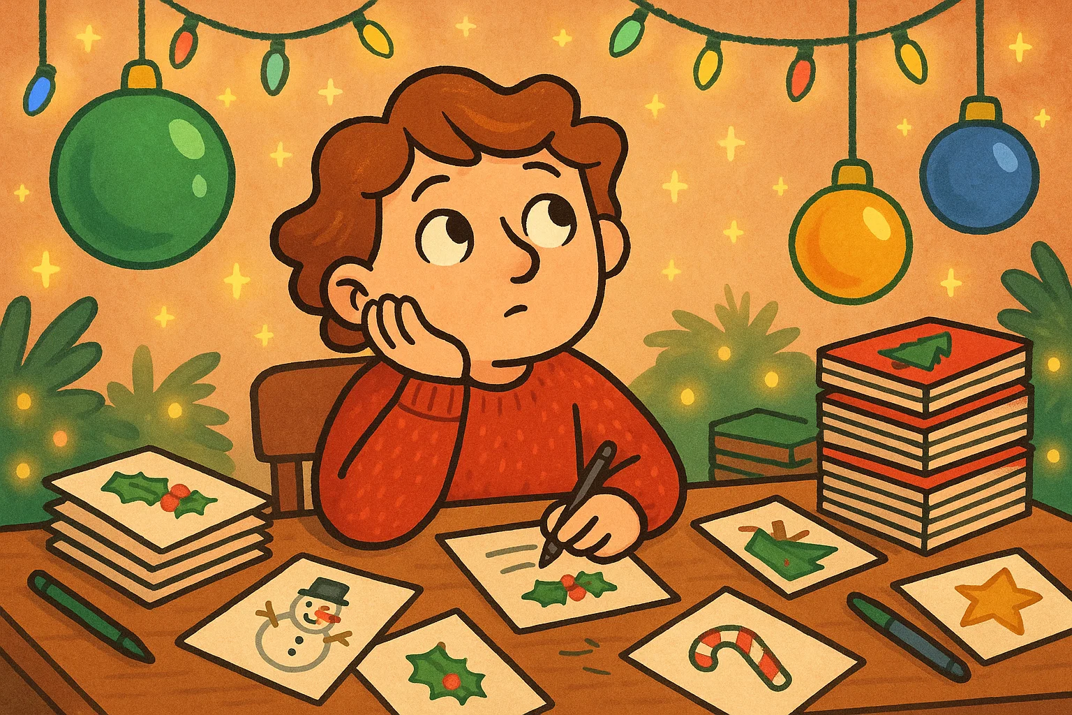  Cartoon of someone writing Christmas cards at a desk, showing thoughtful holiday preparation and festive joy.
