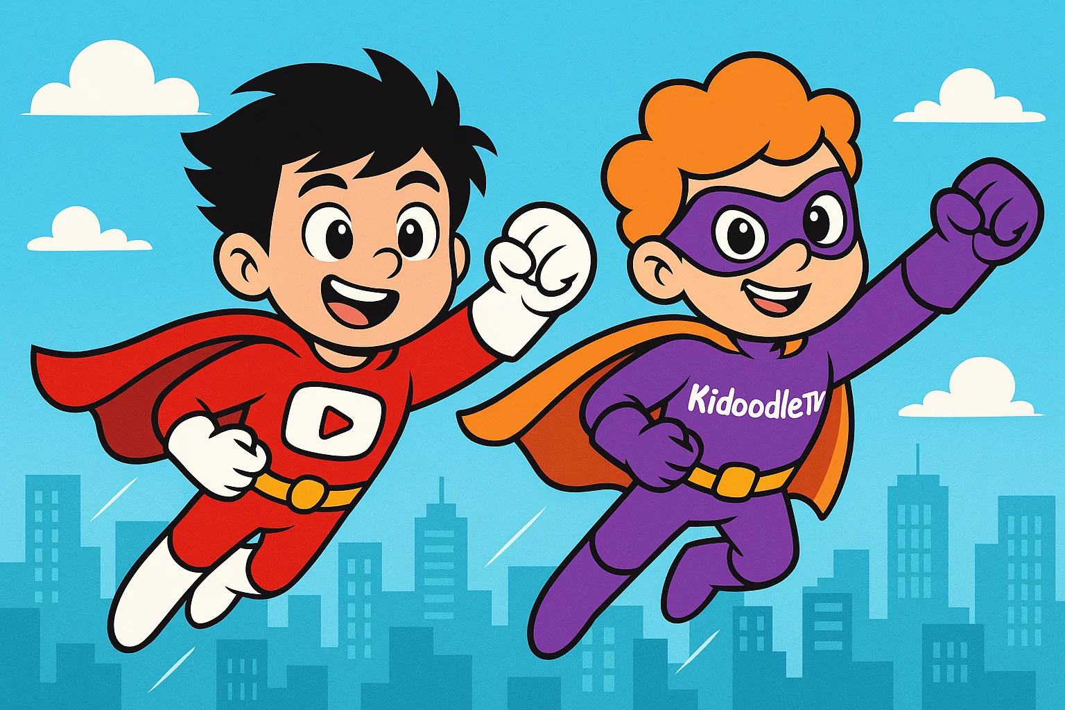 A cartoon of two superheroes flying, showcasing the safety of YouTube Kids and Kidoodle.TV. A cartoon of two superheroes flying, showcasing the safety of YouTube Kids and Kidoodle.TV.