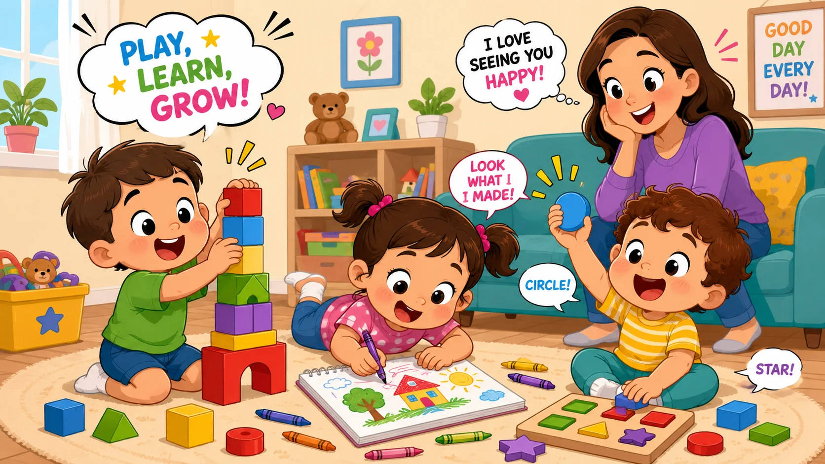 Activities for 3 year olds at home with blocks, crayons, and shapes.