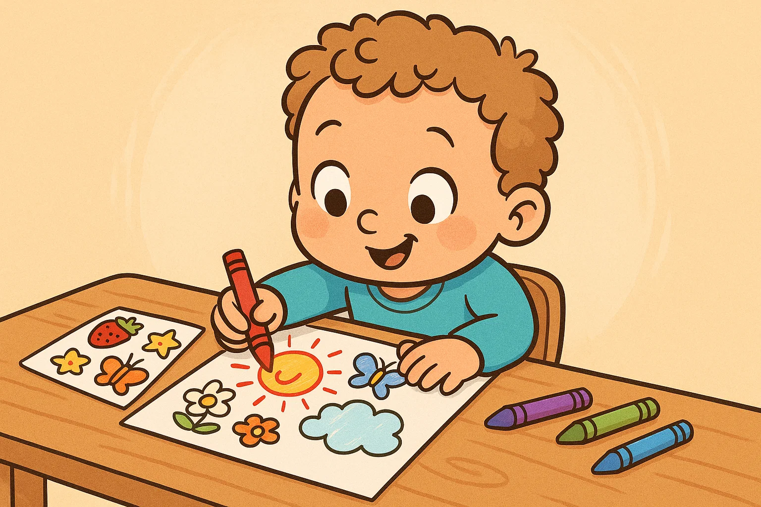 Cartoon toddler doing printable activity with crayons