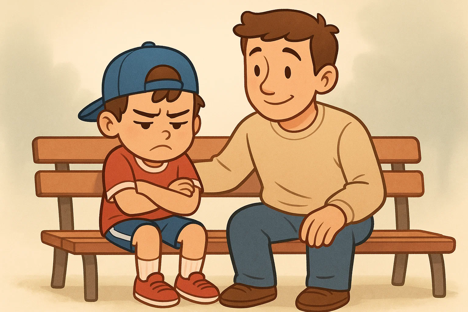  A supportive adult talking to a sad child on a bench. Addressing resistance and lack of motivation.
