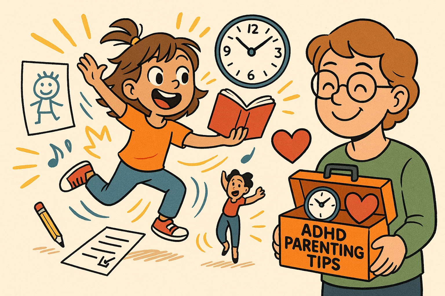 Cartoon image of ADHD parenting tips with active girl, smiling parent, and learning tools. Cartoon image of ADHD parenting tips with active girl, smiling parent, and learning tools.