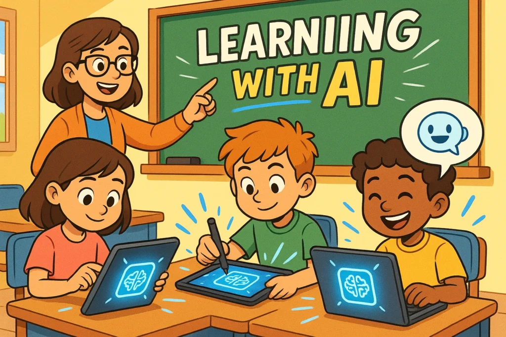 Classroom scene where kids use AI for learning and creative schoolwork.