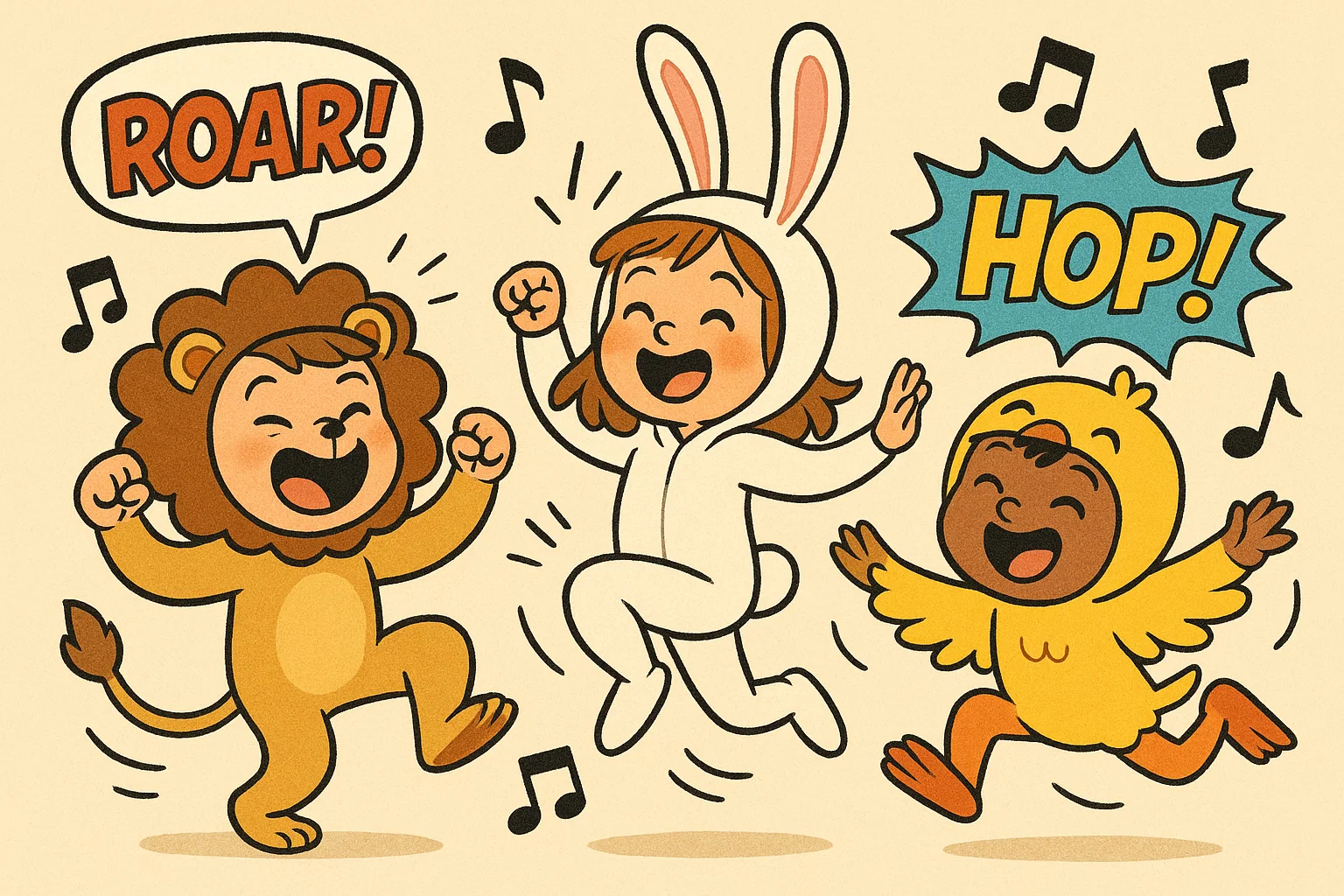 Cartoon kids dancing as animals in playful animal dance music game. Cartoon kids dancing as animals in playful animal dance music game.