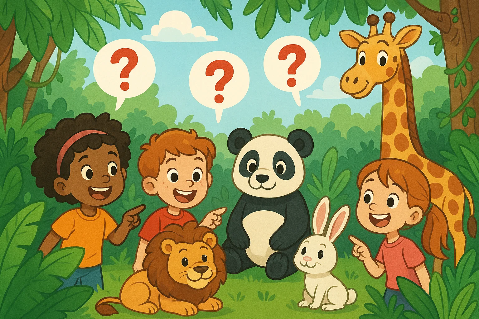 Animal riddles wild fun with kids exploring panda, lion, rabbit, and giraffe in jungle.