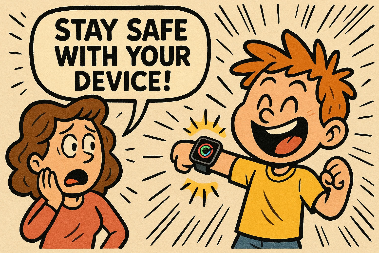 A cartoon of a parent watching a child use an Apple Watch, with a speech bubble about safety. A cartoon of a parent watching a child use an Apple Watch, with a speech bubble about safety.