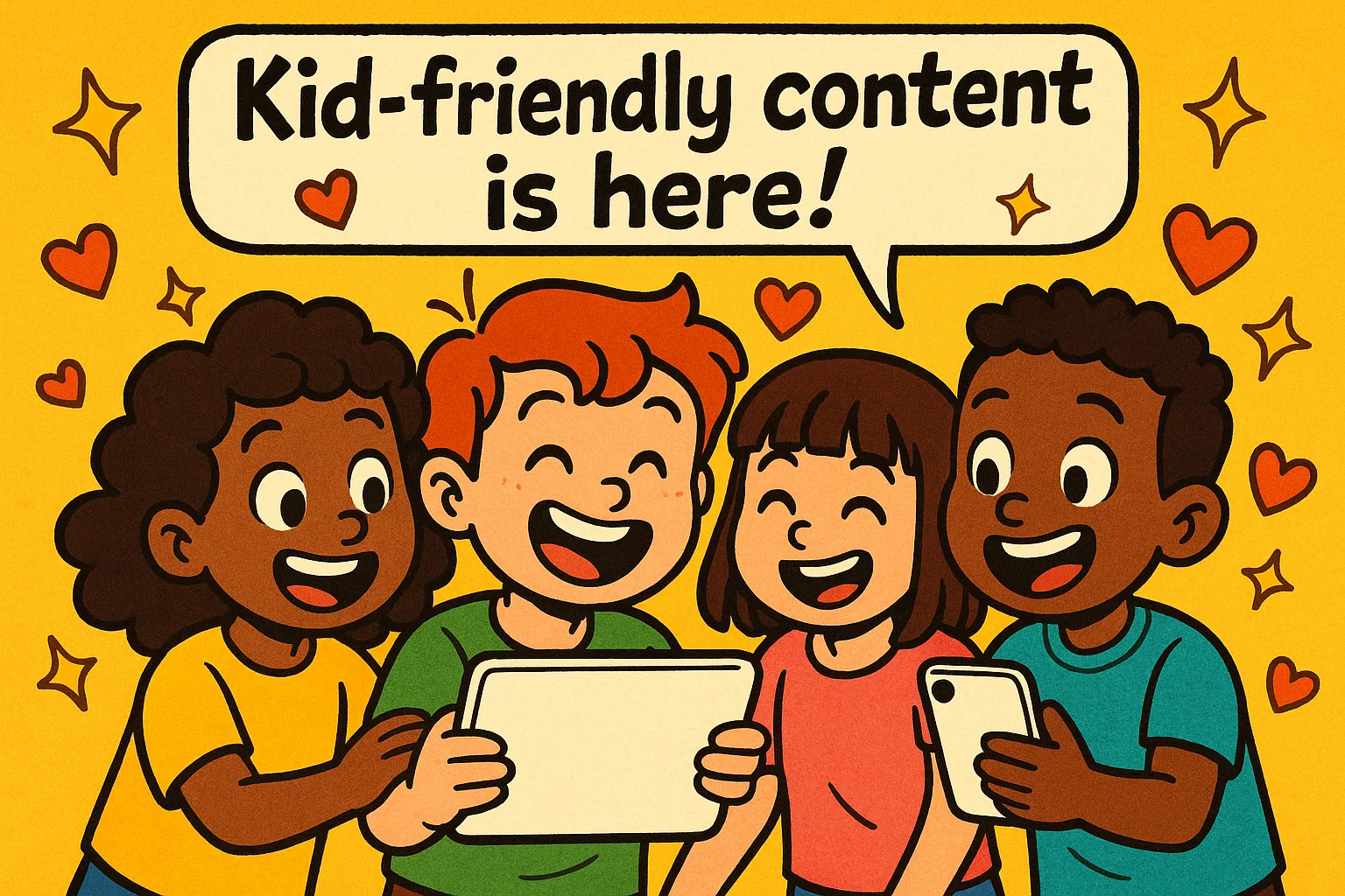 A playful cartoon illustration of children enjoying a tablet and smartphone with safe, kid-friendly video content. A playful cartoon illustration of children enjoying a tablet and smartphone with safe, kid-friendly video content.
