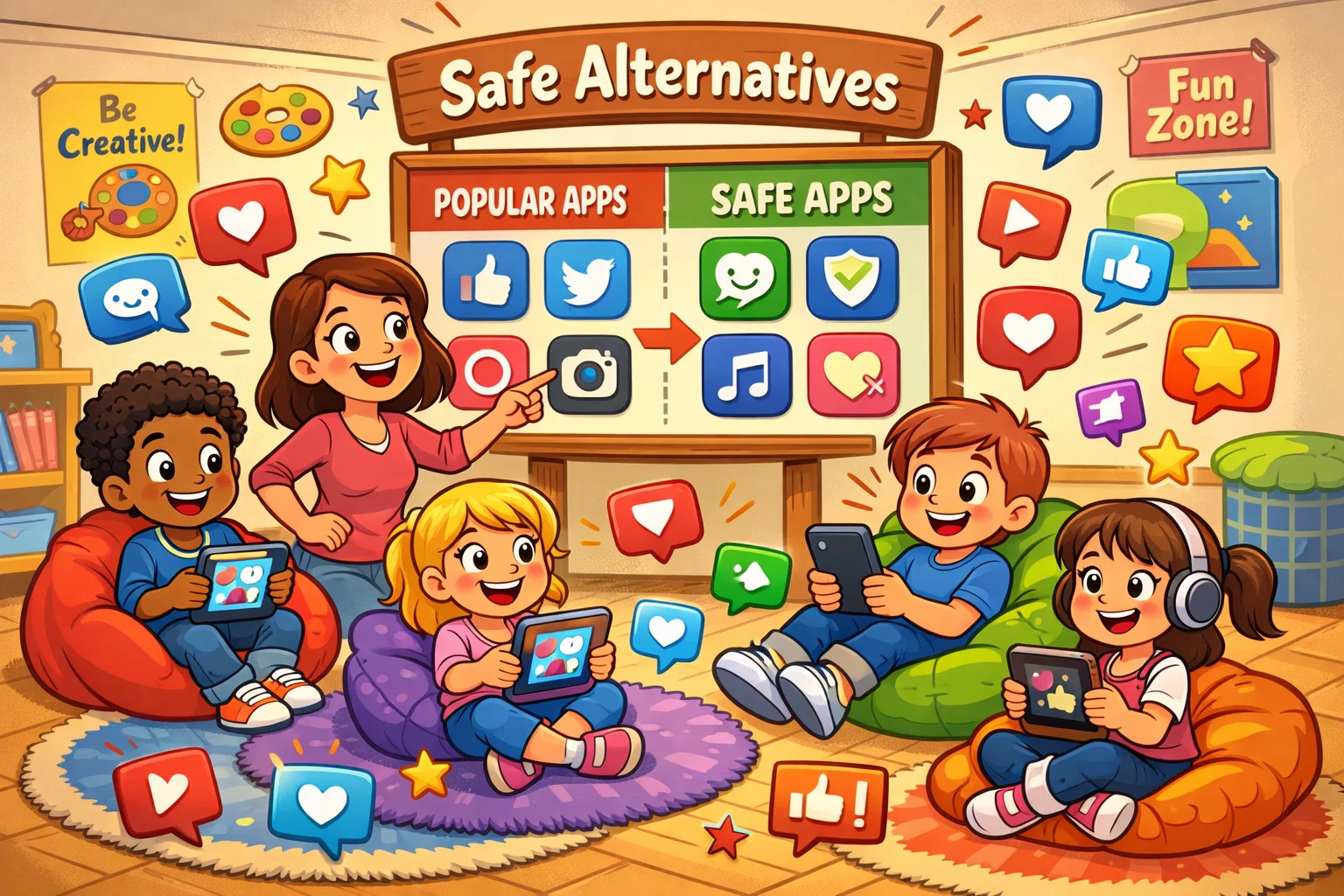 Apps like Zigazoo safe social media for kids in a playful cartoon scene.