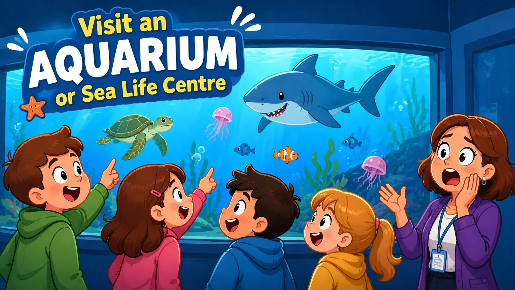 Children visiting an aquarium sea life centre.