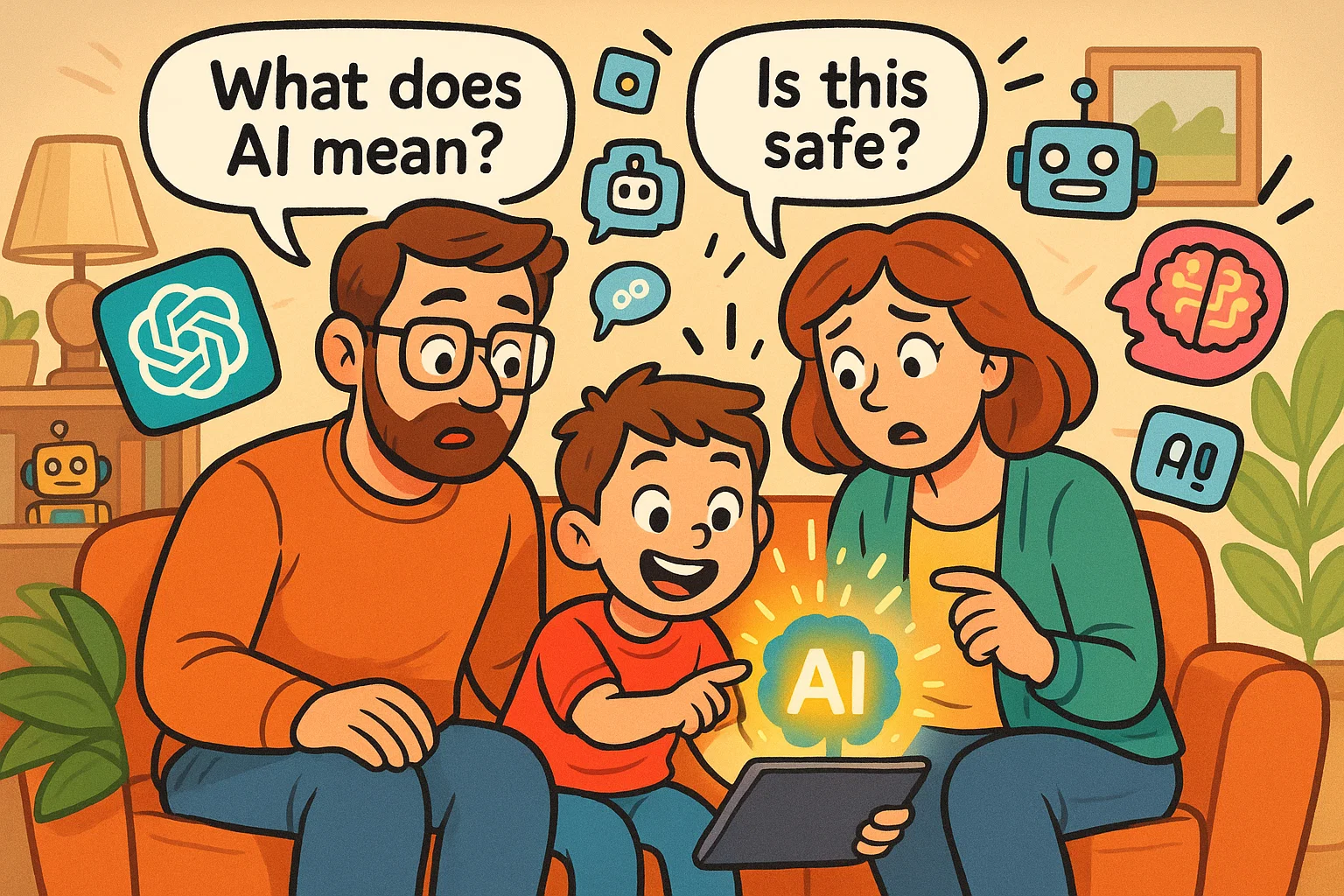 Illustration of parents and child learning about artificial intelligence together. Illustration of parents and child learning about artificial intelligence together.