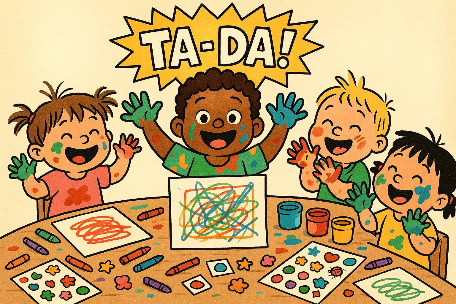 Toddlers making crafts with paints and stickers at birthday table.