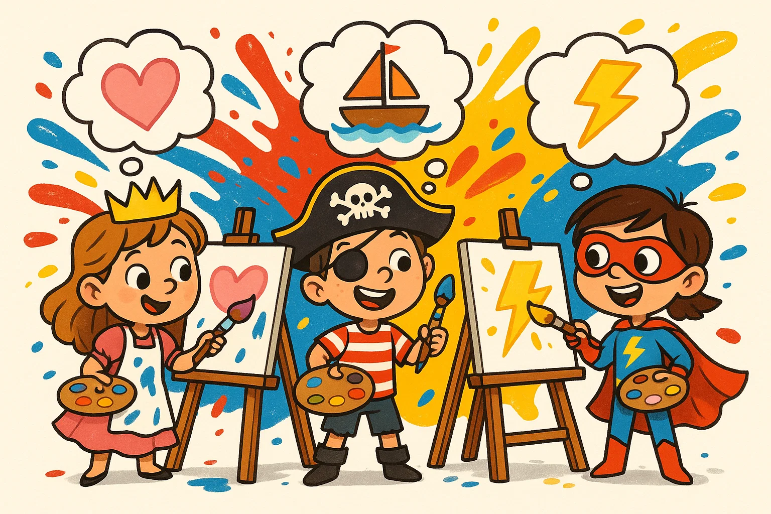 Kids in costumes painting and crafting at birthday arts station.
