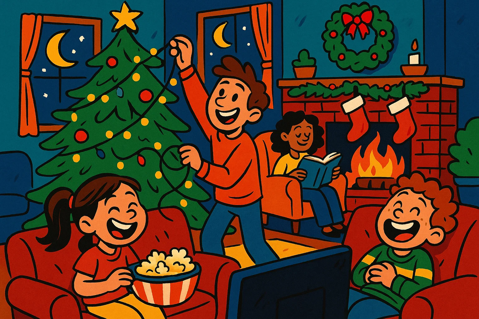 A colorful cartoon of a family enjoying various activities together in their home, like decorating and reading.