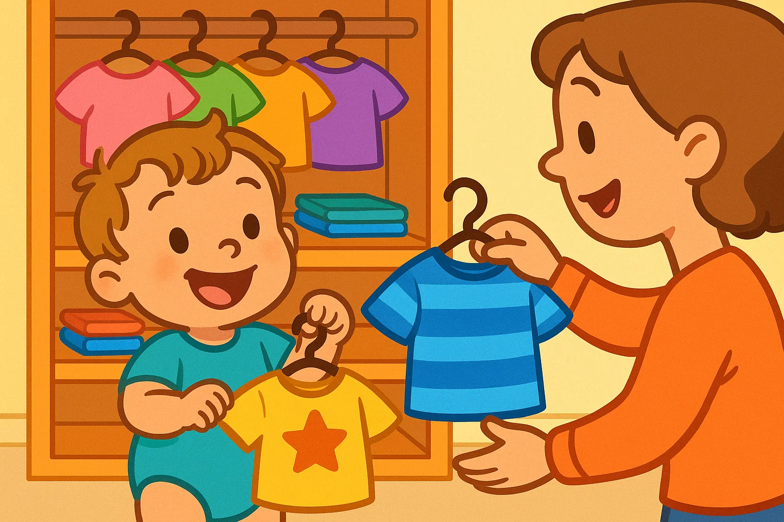 Cartoon toddler making independent choices with a parent. Cartoon toddler making independent choices with a parent.