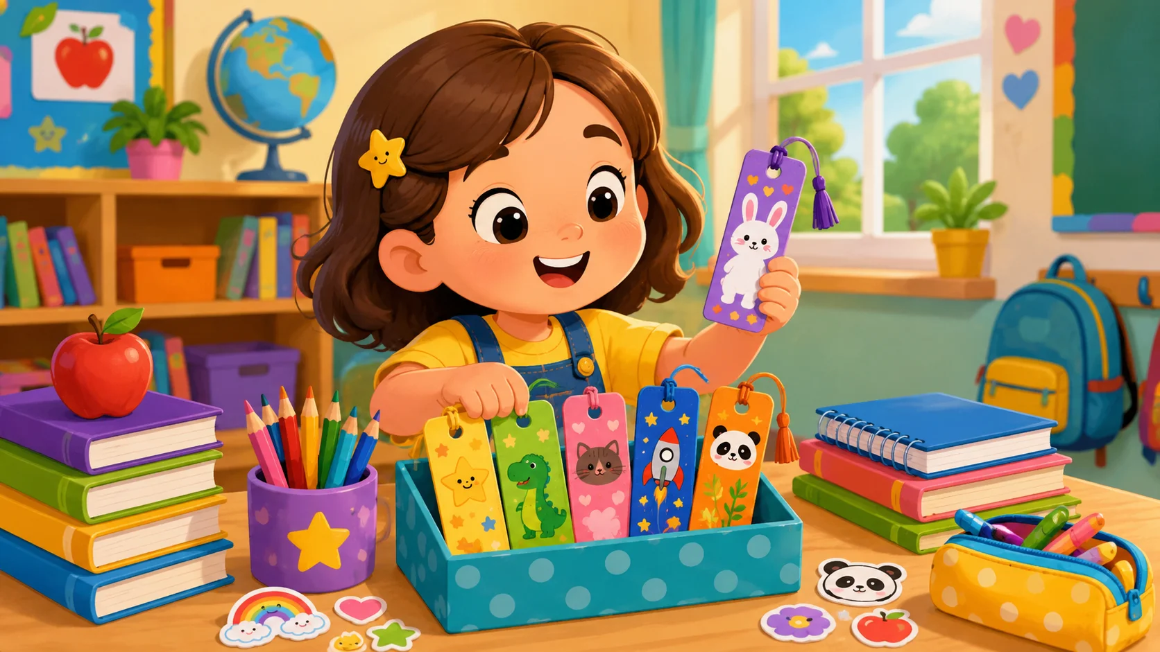 Back to school bookmark gifts for kids in colorful classroom.
