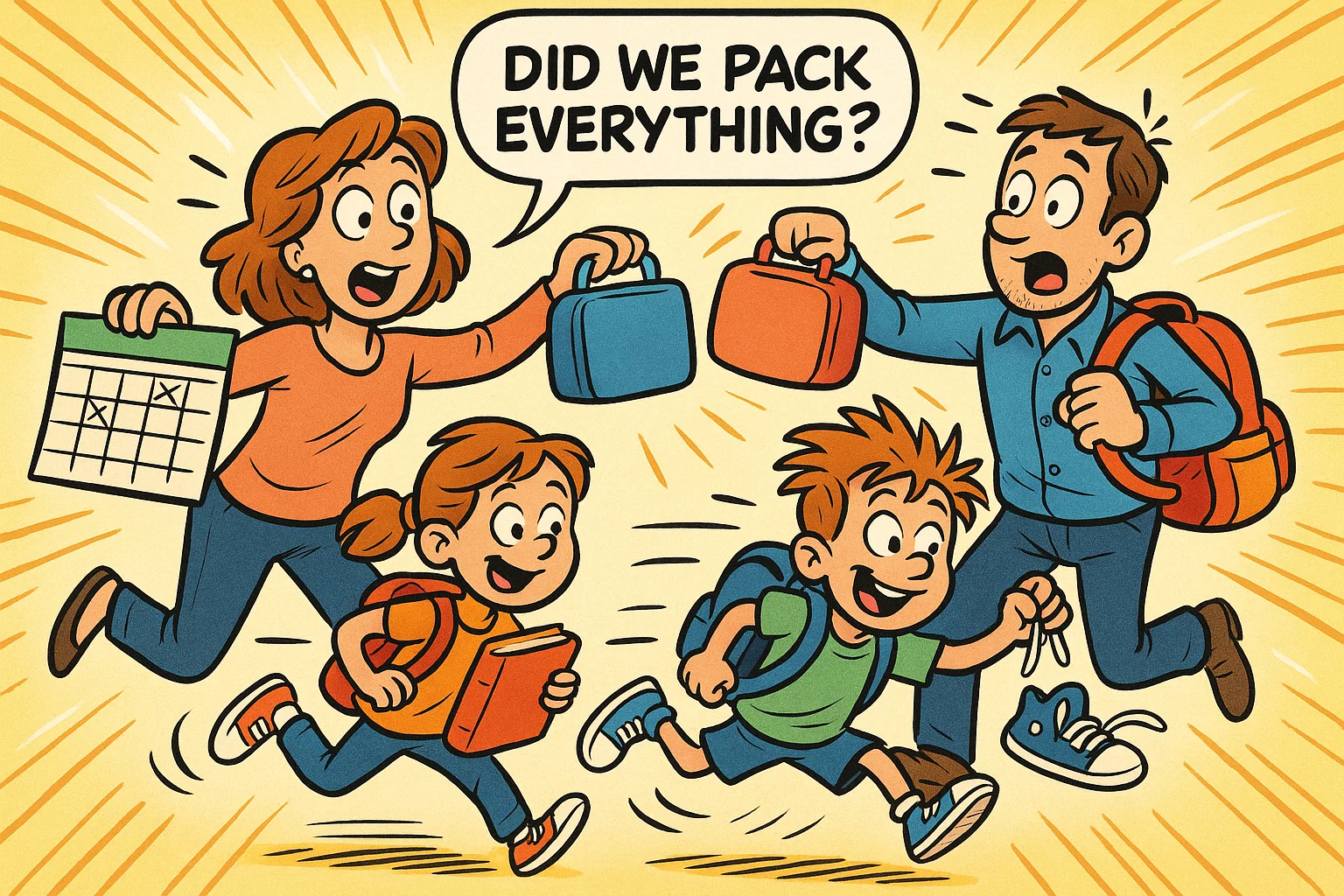 Family preparing for back to school with checklist, backpacks and lunchboxes.