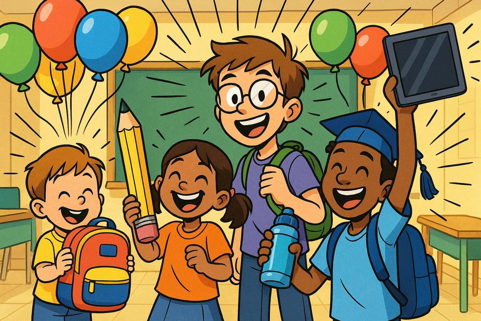 Kids in classroom holding back to school gifts including backpack, pencil, water bottle and tablet. Kids in classroom holding back to school gifts including backpack, pencil, water bottle and tablet.