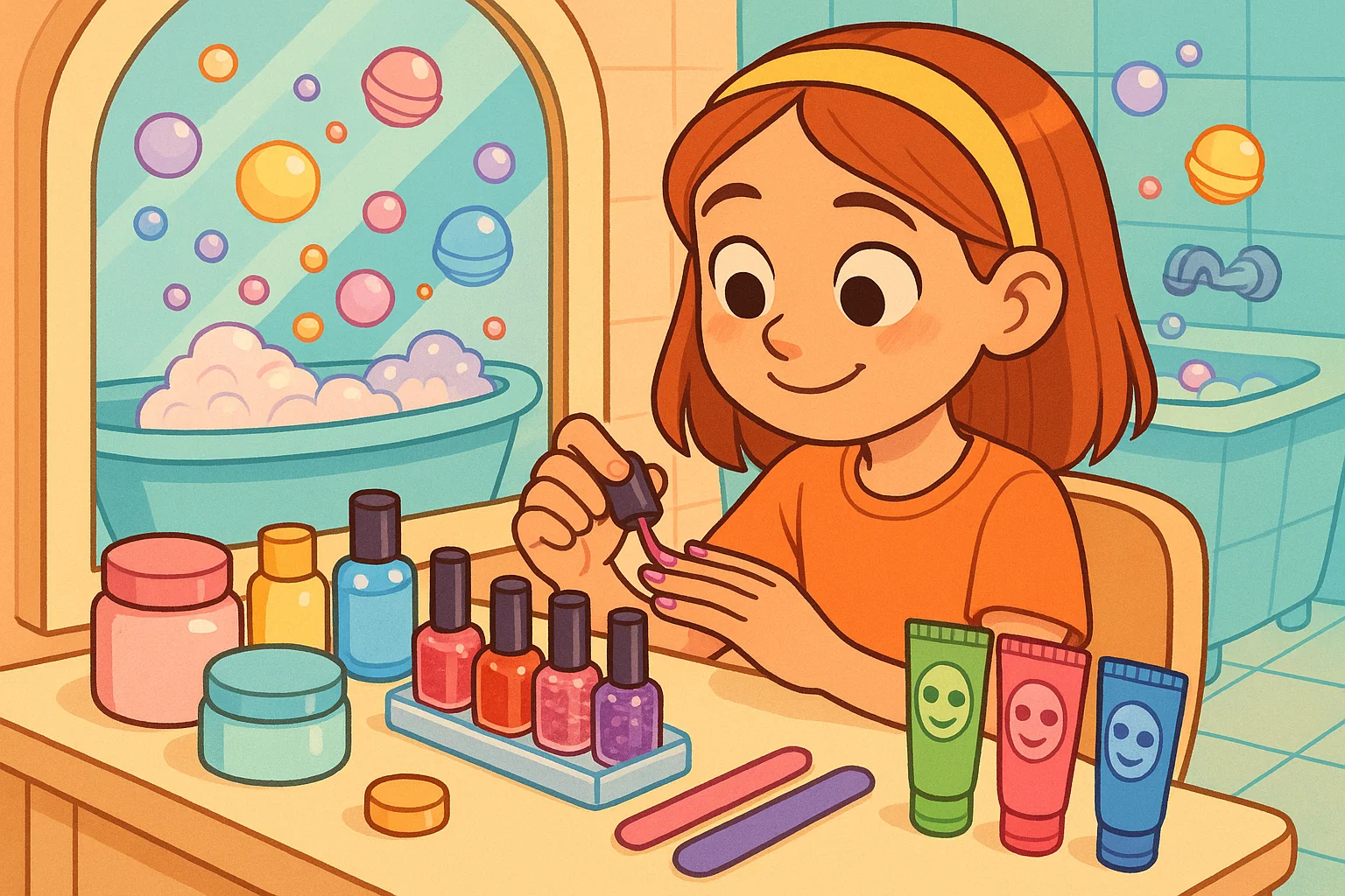 12 years old girl applying nail polish with bath bombs, skincare and beauty sets. 12 years old girl applying nail polish with bath bombs, skincare and beauty sets.