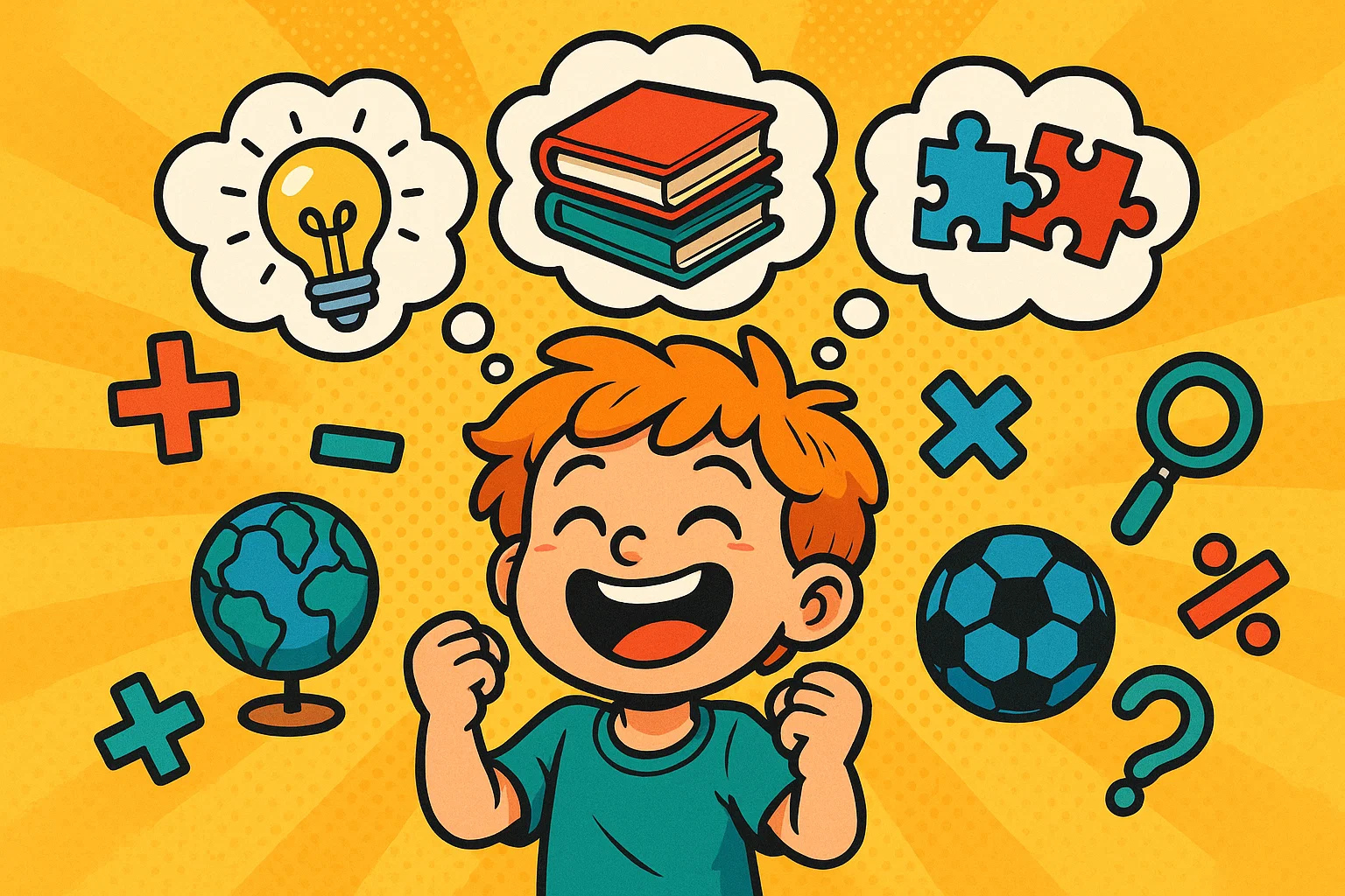 Cartoon child with learning icons showing benefits of quizzes for kids aged 8-10. Cartoon child with learning icons showing benefits of quizzes for kids aged 8-10.