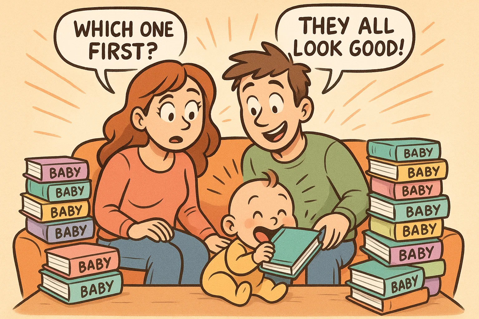 Cartoon of new parents surrounded by best baby books for newborn care. Cartoon of new parents surrounded by best baby books for newborn care.