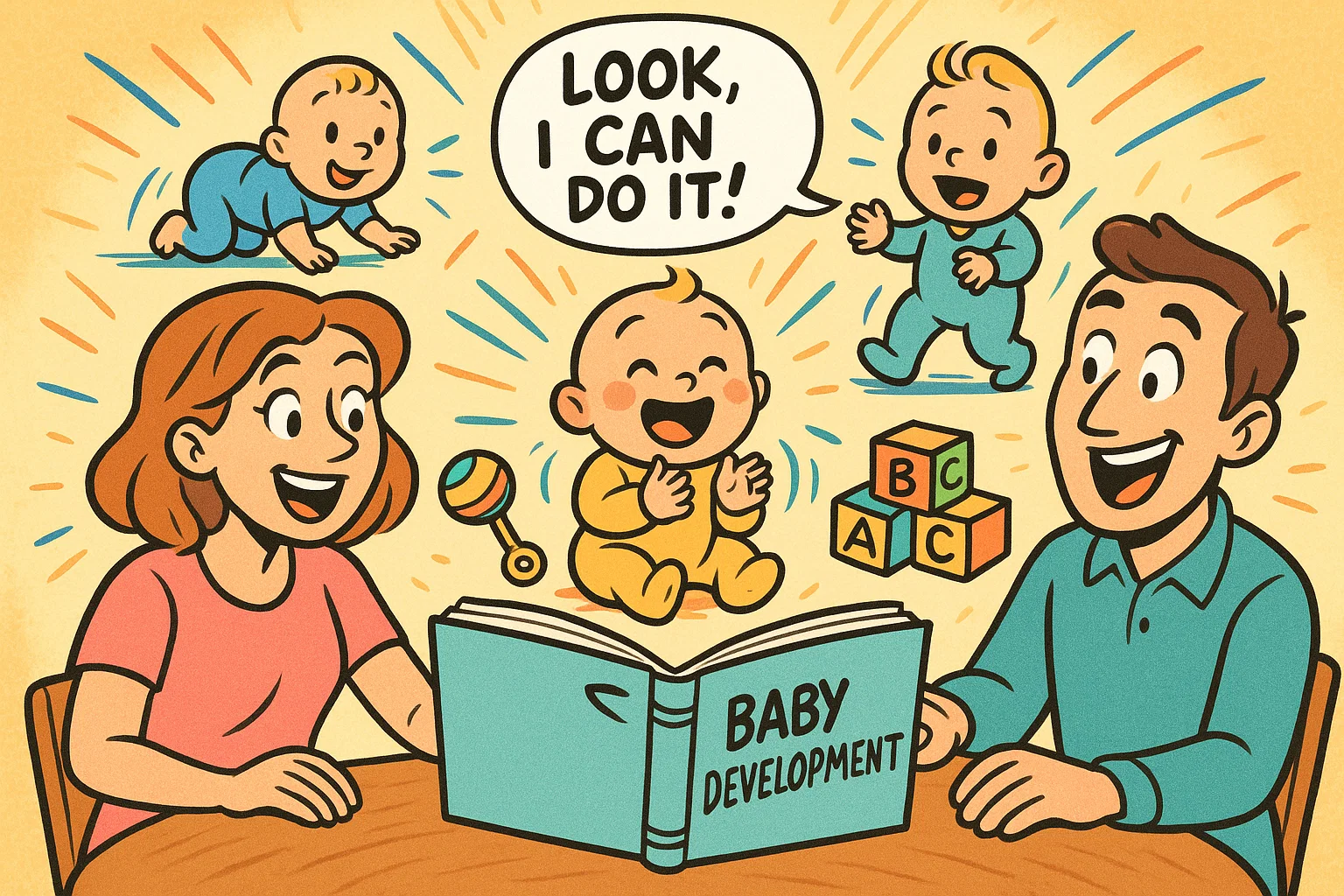Parents and baby with best baby development books cartoon illustration. Parents and baby with best baby development books cartoon illustration.