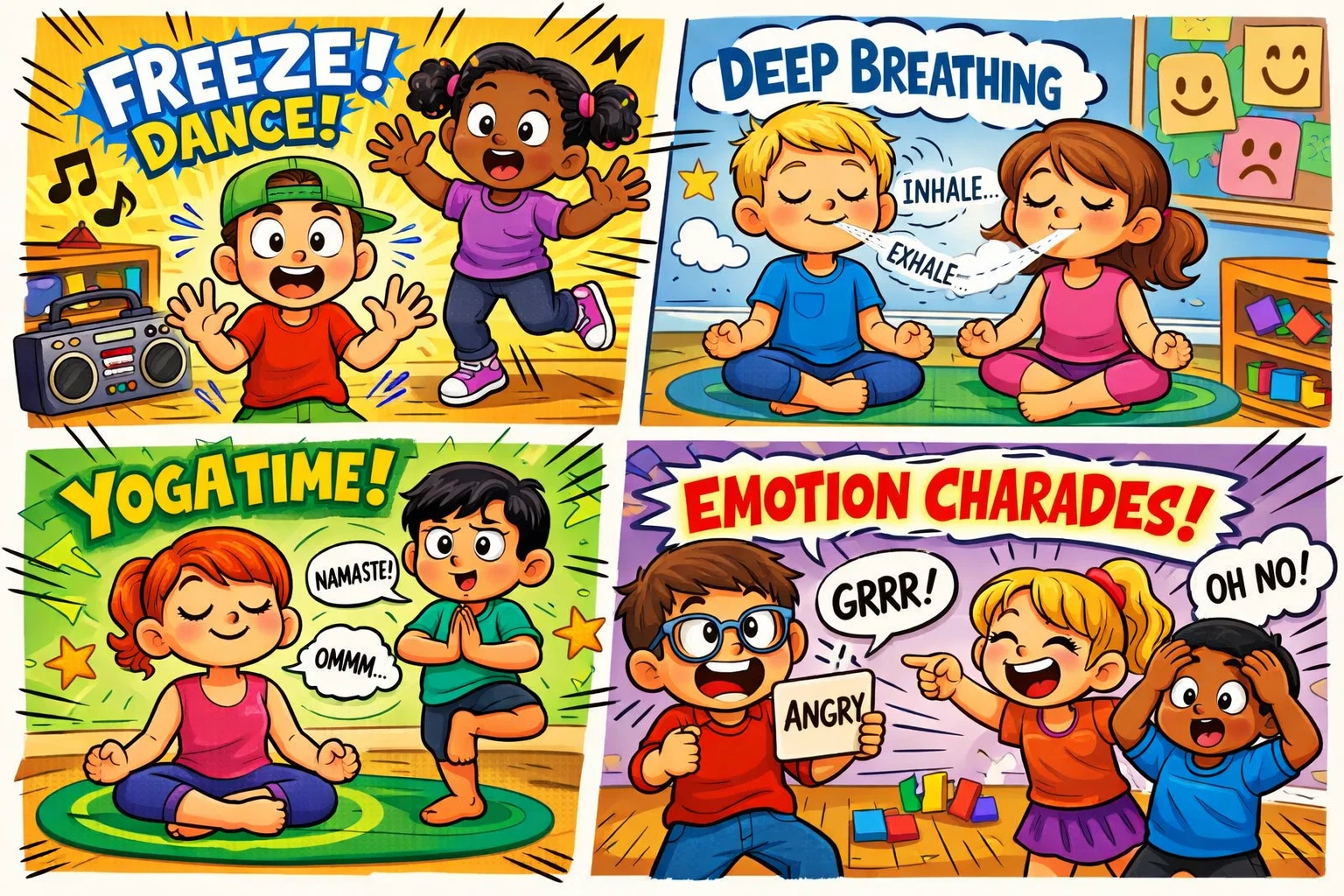  School-age kids practicing emotional regulation activities like yoga, freeze dance, and charades.
