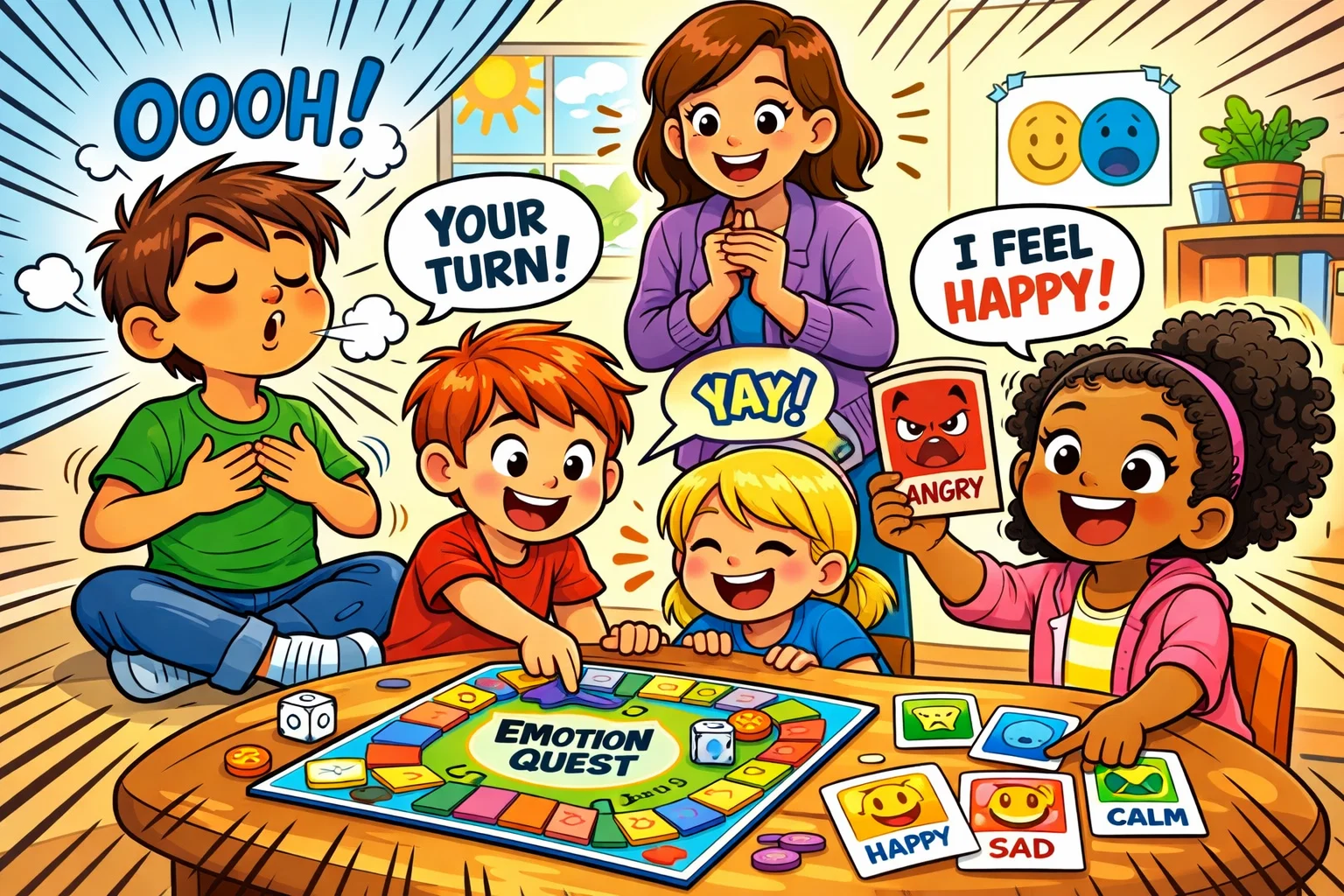 Kids enjoying emotional regulation games to develop self-control and emotional awareness.