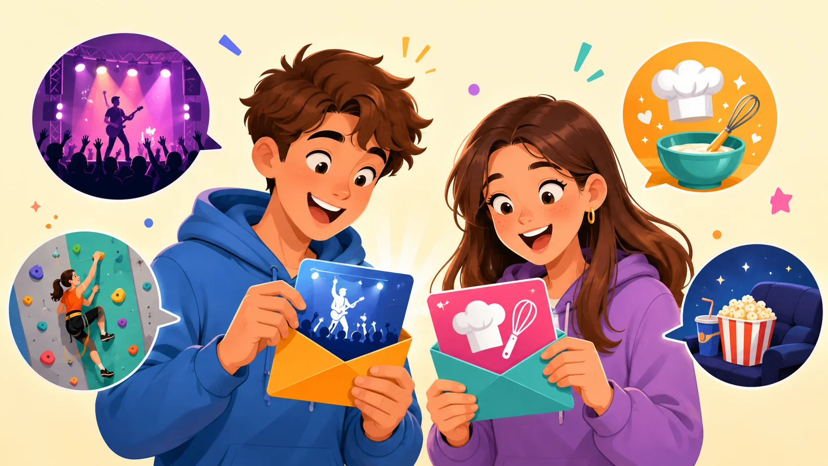  Best experience gifts for young teens with concert, cooking, climbing and movie cards. 
