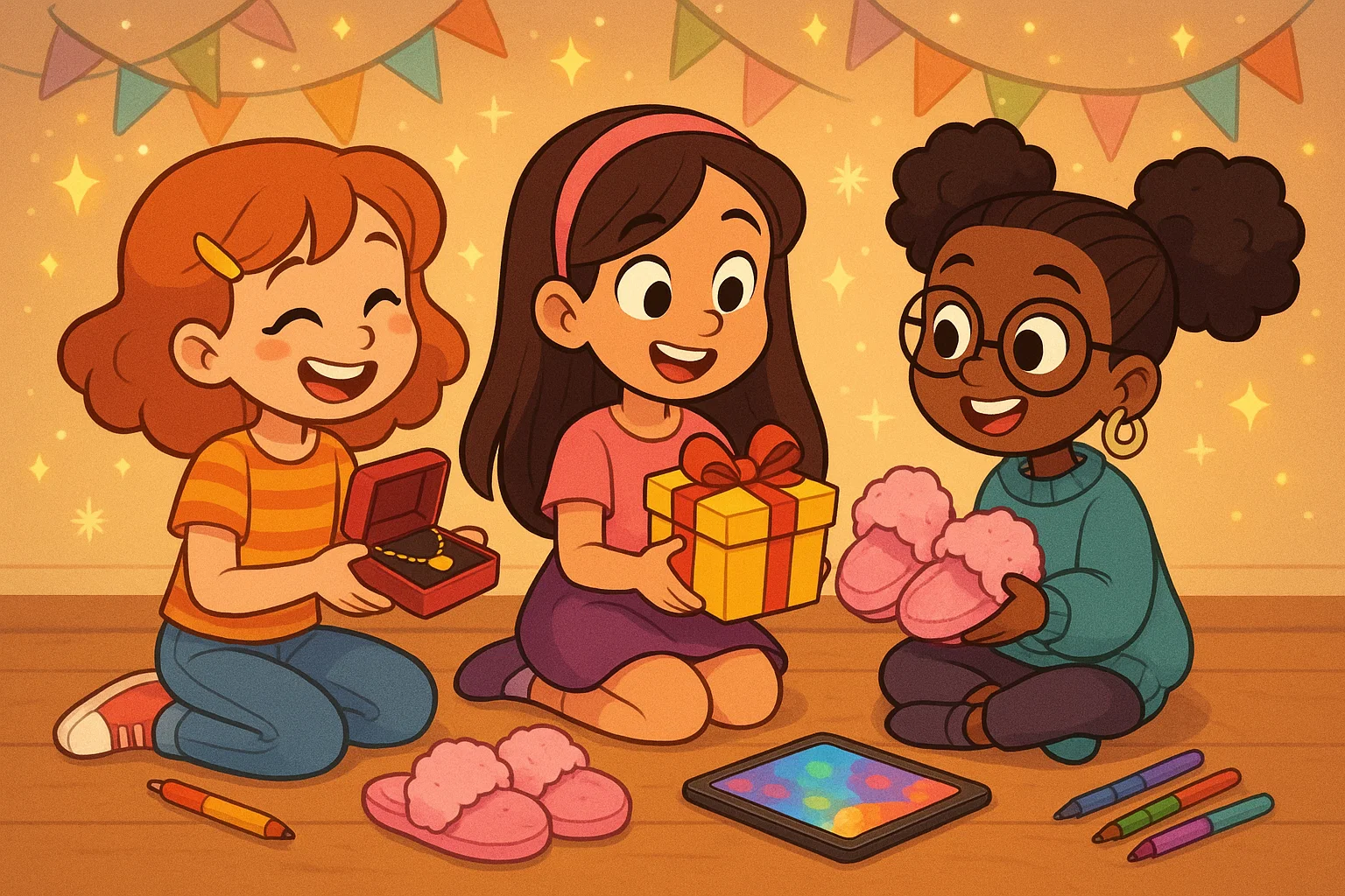 Tween girls exchanging presents. Tween girls exchanging presents.