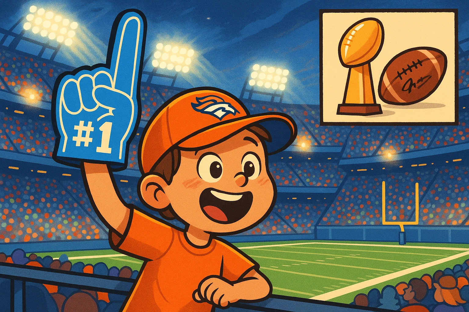 A cartoon of a kid in a massive stadium, with smaller icons of a trophy and a signed football.