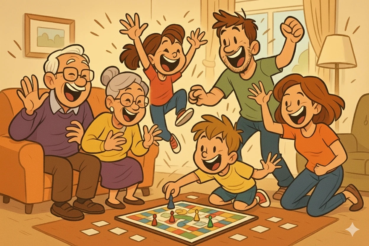 A cartoon illustration of a multi-generational family playing a game together, highlighting the joy of fun activities for all ages.
