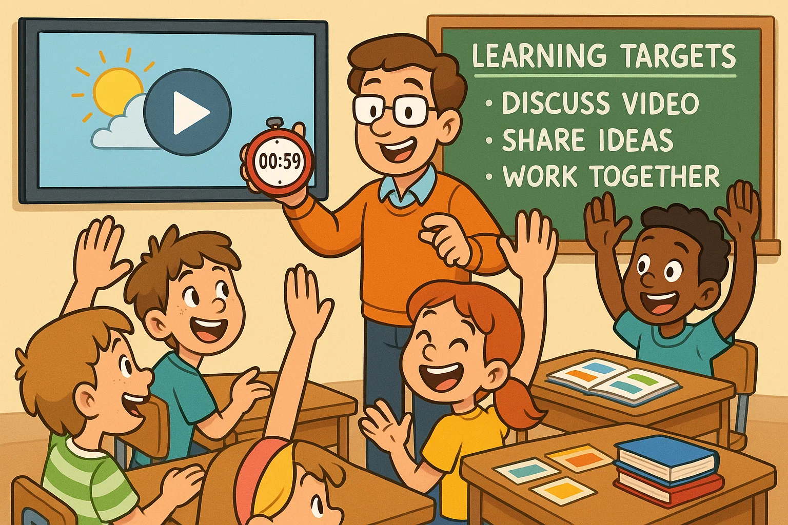 Teacher showing short classroom video with active student participation. Teacher showing short classroom video with active student participation.