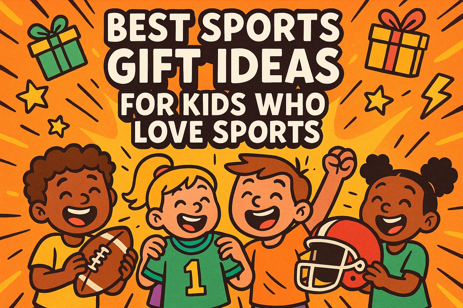 A cartoon of happy kids with sports gifts like a football and a jersey. The scene is full of energy and gift icons. A cartoon of happy kids with sports gifts like a football and a jersey. The scene is full of energy and gift icons.