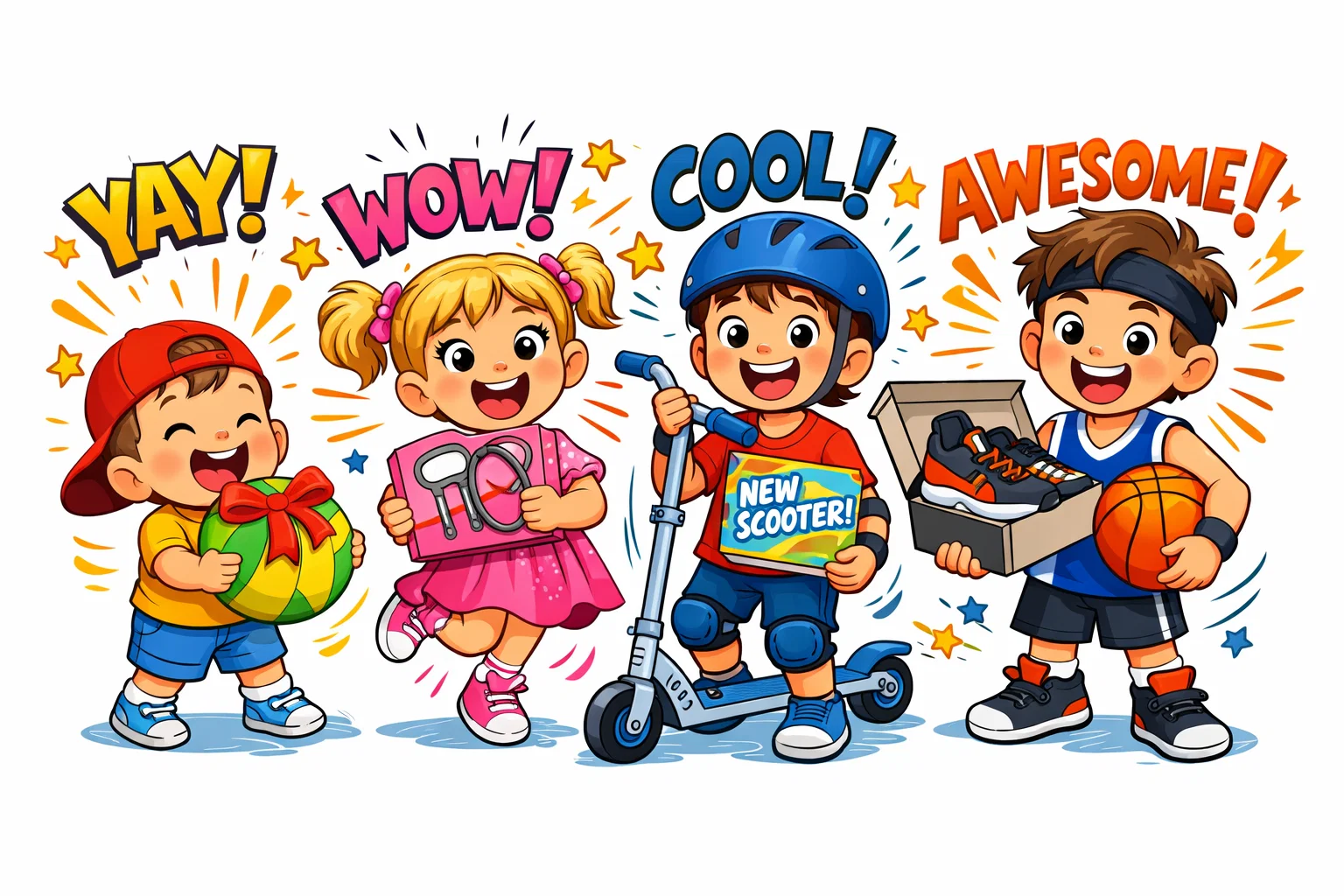  Cartoon showing kids of different ages with age-appropriate sports gifts.
