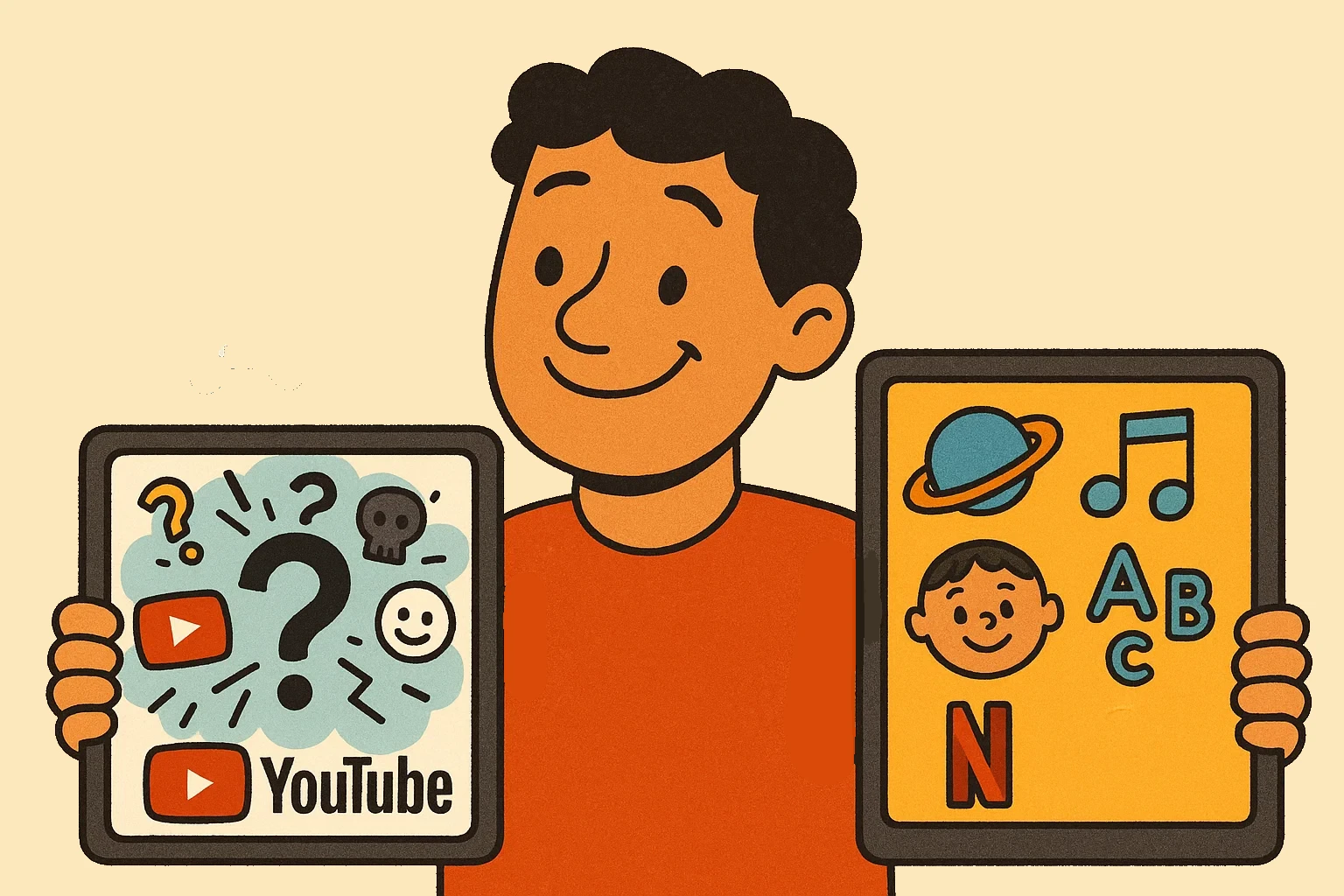 Cartoon of a parent weighing the choice between two screens: a chaotic one for YouTube and a safe, organized one for Netflix.