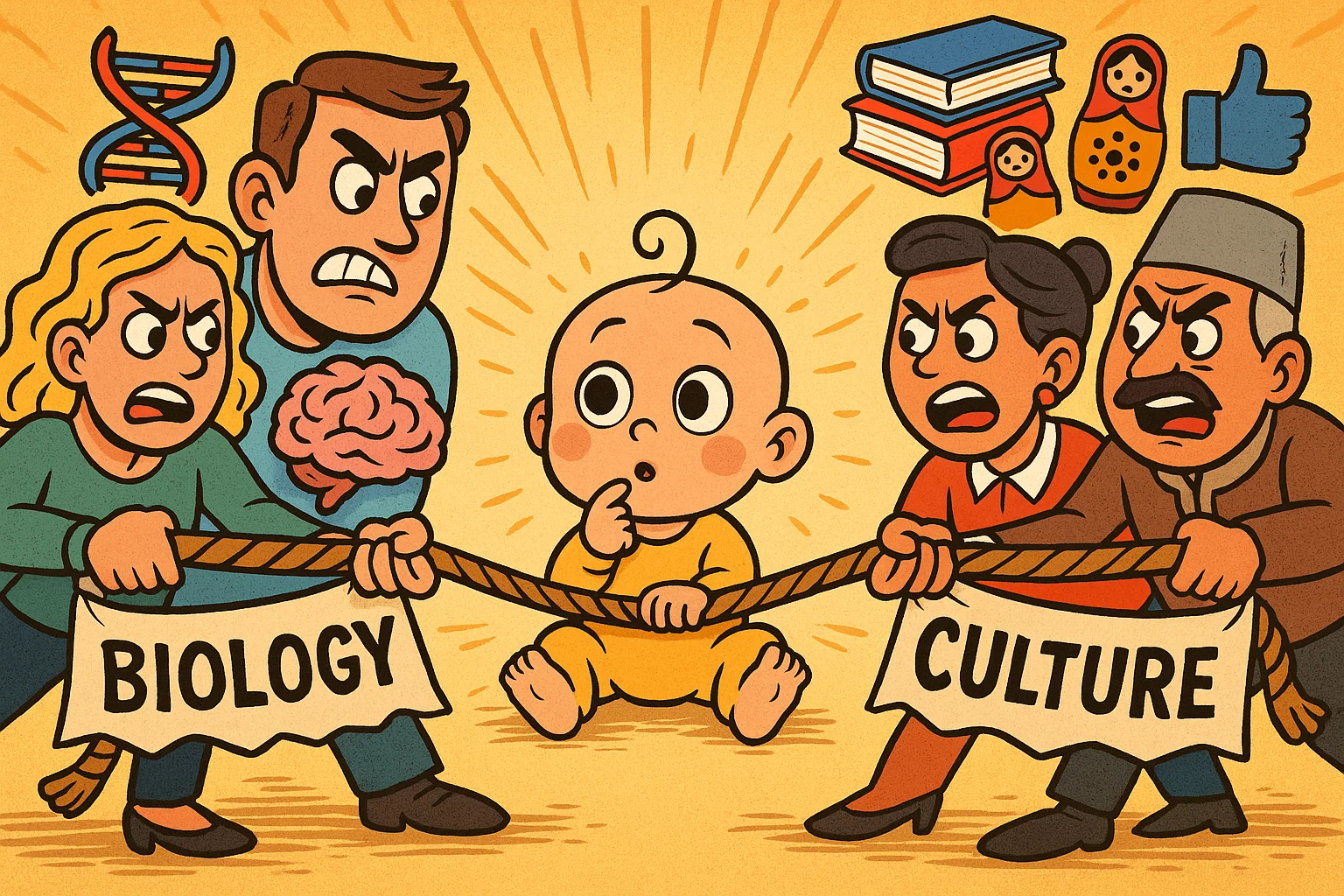 Cartoon showing biological vs cultural influences on gender roles in parenting. Cartoon showing biological vs cultural influences on gender roles in parenting.