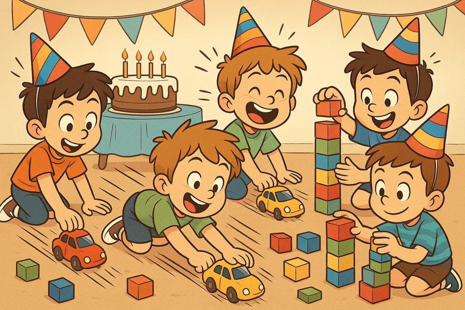 Boys playing with toy cars and building blocks at 4 year old birthday party.
