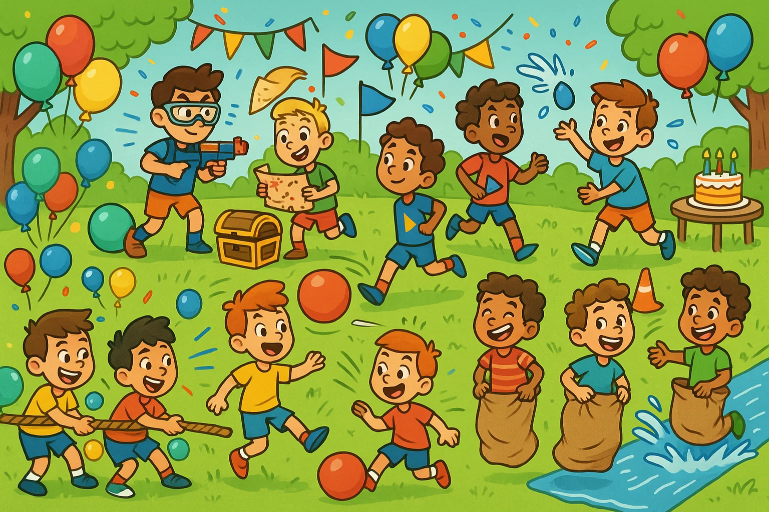  Boys playing outdoor birthday party games.
