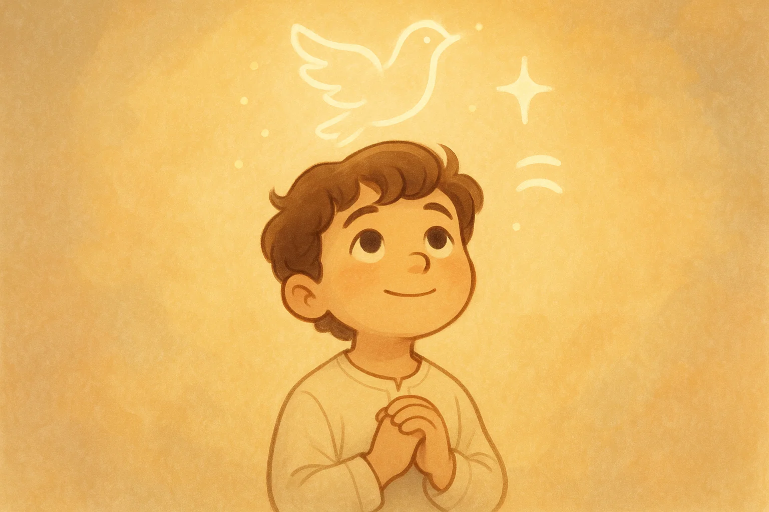 A cartoon of a son surrounded by a golden light with serene symbols of blessings above him.