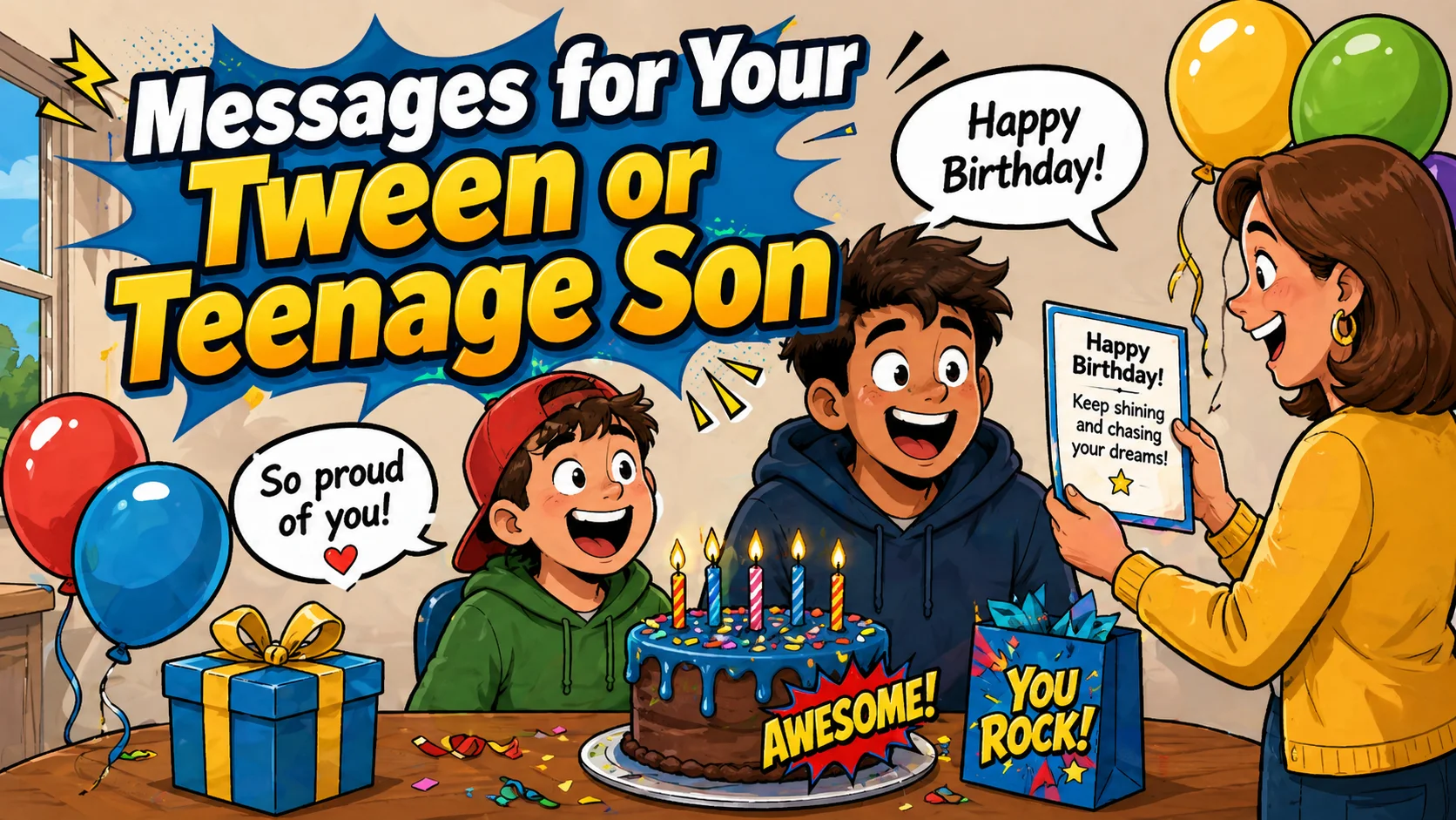 Birthday messages for tween or teenage son with cake, balloons, and proud parent.