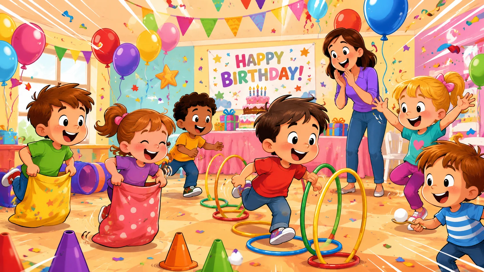  Birthday party activities for 4 year olds with cartoon games and balloons. 
