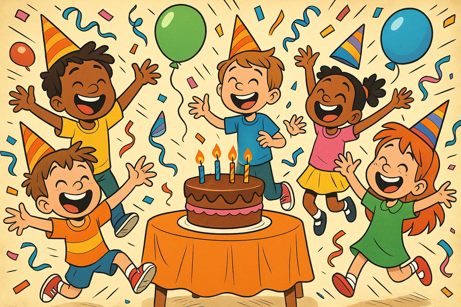 Children celebrating birthday with cake, balloons, and party hats full of fun activities. Children celebrating birthday with cake, balloons, and party hats full of fun activities.