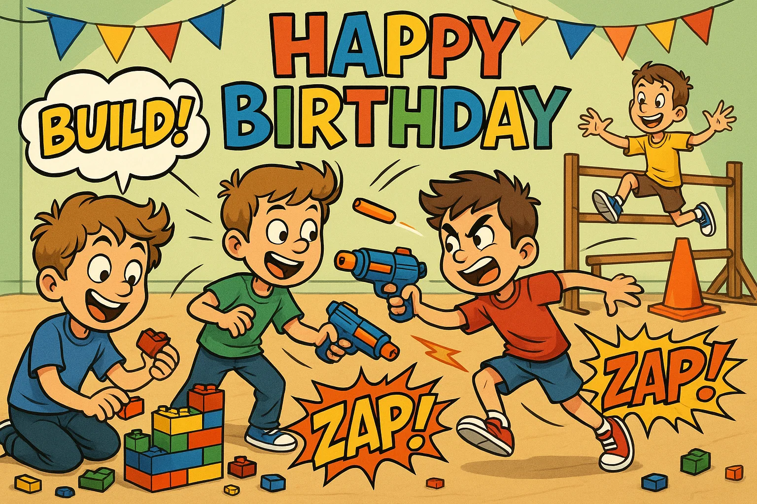 Birthday party activities for boys age 10 with LEGO, Nerf guns and obstacle course. Birthday party activities for boys age 10 with LEGO, Nerf guns and obstacle course.