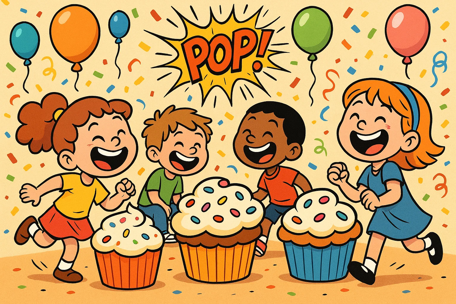 Children enjoy classic birthday games with cupcake chairs and balloons.