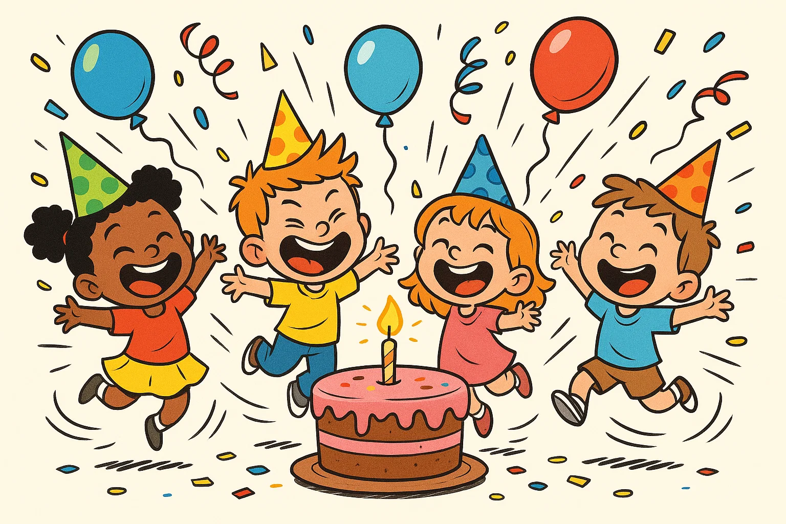 Children celebrating 4th birthday with cake, balloons, and party hats full of fun activities. Children celebrating 4th birthday with cake, balloons, and party hats full of fun activities.