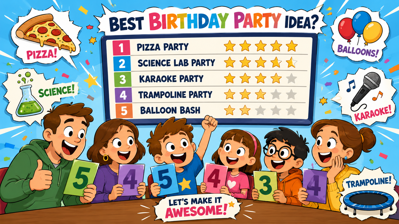 Birthday party ideas ranking board with kids and parents judging activities.